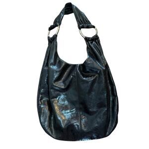 Black Leather Hobo International Large Silver O Ring  Shoulder Bag Purse